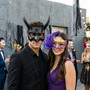 Horned Demon Men's And Purple Feather Mesh Women's Masquerade Mask - Black Purple Gold