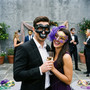 Gothic Skull and Elegant Feather Venetian Couples Masquerade Costume Mask - Purple Black Gold
