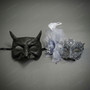 Horns Devil and Silver Flower Lace Couple Venetian Masquerade Masks - Black Silver