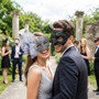 Horns Devil and Silver Flower Lace Couple Venetian Masquerade Masks - Black Silver