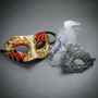 Venetian Harlequin Jester And Grey Glitter Flower Women Masquerade Mask - Red Black Grey Gold
