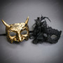 Horned Devil And Side Flower Lace Venetian Couple Masquerade Masks - Gold Black