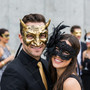 Horned Devil And Side Flower Lace Venetian Couple Masquerade Masks - Gold Black