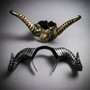 Gothic Ornate Floral Demon Horn Women Masquerade Headpiece Mask - Gold Black Silver