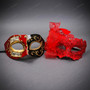 Elegant Venetian Music Note Lace Feather Couples Masquerade Mask - Red Black Gold