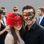 Elegant Venetian Music Note Lace Feather Couples Masquerade Mask - Red Black Gold