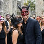 Gothic Horned Devil Men and Elegant Lace Flower Feather Women Masquerade Masks - Red Black