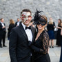 Venetian Harlequin Gold Red and Black Lace Feather Floral Couples Masquerade Mask - Multi