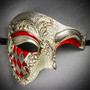 Silver Red Harlequin Phantom of the Opera & Black Lace Feather Masquerade Couple Mask Set