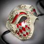 Silver Red Harlequin Phantom of the Opera & Black Lace Feather Masquerade Couple Mask Set