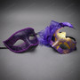 Elegant Glitter Scrollwork Feather Tulle Women Venetian Masquerade Eye Mask - Purple Gold