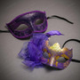 Elegant Glitter Scrollwork Feather Tulle Women Venetian Masquerade Eye Mask - Purple Gold