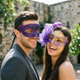Elegant Glitter Scrollwork Feather Tulle Women Venetian Masquerade Eye Mask - Purple Gold