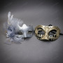 Venetian Elegant Feather Floral Harlequin Couples Masquerade Masks - Silver Gold Black