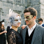 Venetian Elegant Feather Floral Harlequin Couples Masquerade Masks - Silver Gold Black