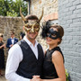 Mythical Horned Devil Satyr And Elegant Floral Lace Couples Masquerade Mask - Gold Black
