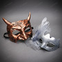 Textured Horned Bronze and Silver Feather Glitter Floral Couples Masquerade Mask - Bronze Silver