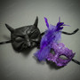 Horned Devil Beast And Elegant Purple Side Feather Lace Women Masquerade Masks - Black Purple