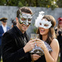 Ancient Roman Horned And White Feathered Filigree Couples Masquerade Mask - Silver White