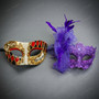 Venetian Harlequin Musical Purple Feathered Couples Masquerade Mask - Red Gold Purple