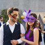 Venetian Harlequin Musical Purple Feathered Couples Masquerade Mask - Red Gold Purple