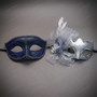 Venetian Elegant Feather Floral Glitter Men Women Couples Masquerade Mask - Navy Blue Silver