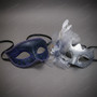 Venetian Elegant Feather Floral Glitter Men Women Couples Masquerade Mask - Navy Blue Silver