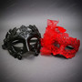 Roman Greek Sculpted and Elegant Lace Feather Couple Masquerade Venetian Masks - Black Red