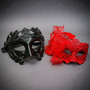 Roman Greek Sculpted and Elegant Lace Feather Couple Masquerade Venetian Masks - Black Red