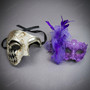 Venetian Phantom Harlequin and Purple Feather Lace Couples Masquerade Mask - Silver Purple