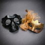 Gothic Skull And Venetian Ornate Glitter Tulle Couples Masquerade Mask - Black Gold
