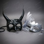 Gothic Horned And Elegant Feathered Venetian Couple Masquerade Masks - Black Silver
