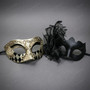Venetian Harlequin and Side Flower Feather Couples Masquerade Mask - Gold Black