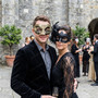 Venetian Harlequin and Side Flower Feather Couples Masquerade Mask - Gold Black
