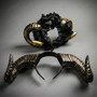 Gothic Floral Lace Ram Horns Women Masquerade Costume Accessory Mask - Gold Black