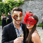 Venetian Harlequin Music and Red Lace Feather Couples Masquerade Mask - Red Gold Black