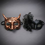Horned Metallic Bronze Devil And Black Lace Feather Side Couples Masquerade Mask - Bronze Black