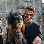 Horned Metallic Bronze Devil And Black Lace Feather Side Couples Masquerade Mask - Bronze Black