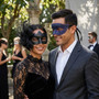 Venetian Glitter Filigree Scroll Side Flower Feather Women Men Masquerade Mask - Purple Black