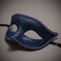 Blue Glitter Venetian Eye Mask & Black Floral Tulle Feather Mask Couple Masquerade Set