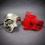 Venetian Harlequin Phantom and Red Lace Bow Couples Masquerade Masks - Silver Black Red