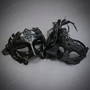 Roman Greek Emperor And Elegant Lace Flower Feathers Couple Masquerade Masks - Black