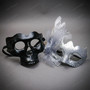 Gothic Skull and Venetian Glitter Floral Couples Masquerade Mask Pair - Black Silver