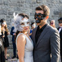 Gothic Skull and Venetian Glitter Floral Couples Masquerade Mask Pair - Black Silver