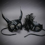 Gothic Horned Devil and Side Lace Tulle Feather Men Women Masquerade Masks - Black
