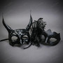 Gothic Horned Devil and Side Lace Tulle Feather Men Women Masquerade Masks - Black