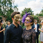 Venetian Phantom Harlequin and Purple Feather Flower Couples Masquerade Mask - Gold Purple