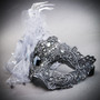Copper Horned Demon Mask & Silver Lace Feather Masquerade Couple Mask Set