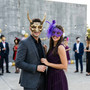 Mythical Horned Demon and Elegant Purple Lace Feather Couple Masks - Gold Purple