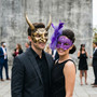 Mythical Horned Demon and Elegant Purple Lace Feather Couple Masks - Gold Purple